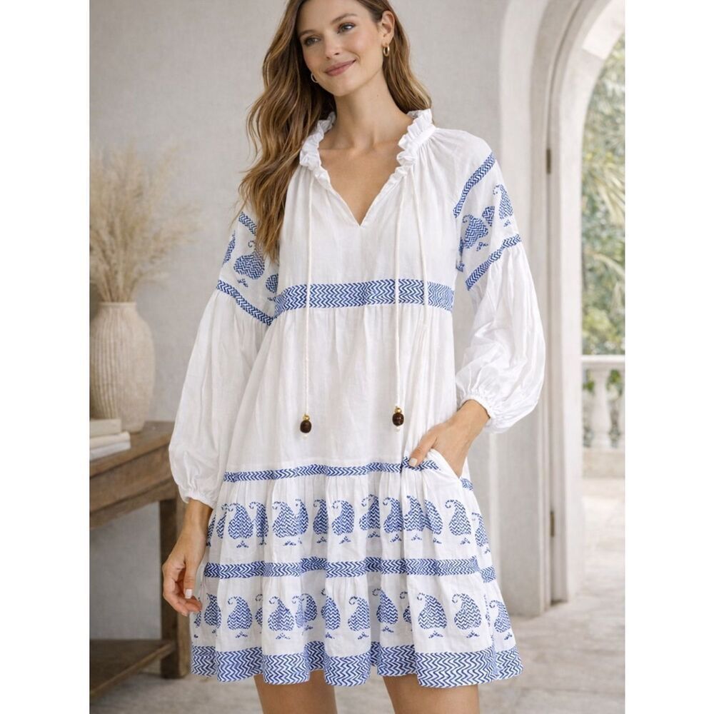 NWT Oliphant White Blue Boho Tiered Puff Sleeve Tassel Mini Dress L